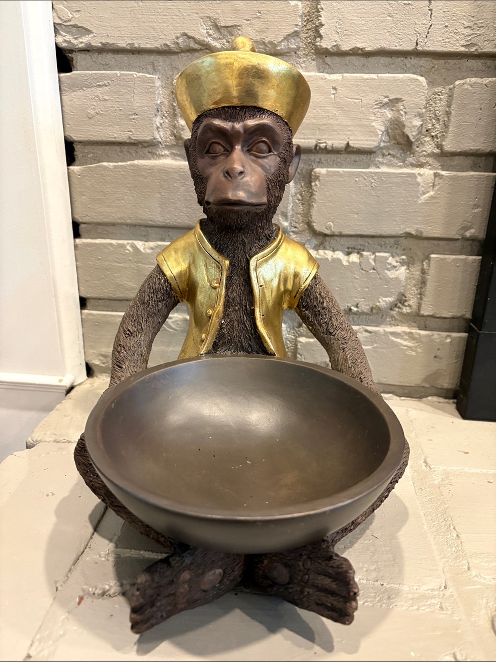 RARE Vintage 70s Monkey Butler Bowl Figurine Statue Gold Vest and Hat Resin